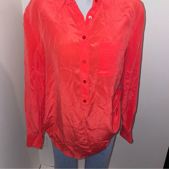 Equipment button down shirt collar popover tunic blouse red coral silk small - Picture 3 of 9